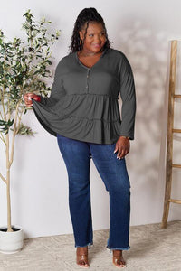 Double Take Half Button Long Sleeve Ruffle Hem Blouse - Happily Ever Atchison Shop Co.