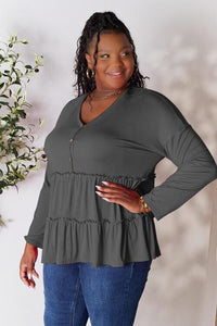 Double Take Half Button Long Sleeve Ruffle Hem Blouse - Happily Ever Atchison Shop Co.