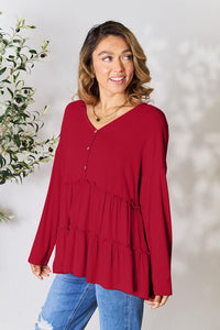 Double Take Half Button Long Sleeve Ruffle Hem Blouse - Happily Ever Atchison Shop Co.