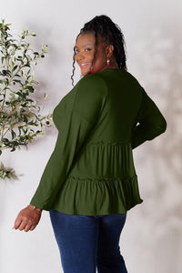 Double Take Half Button Long Sleeve Ruffle Hem Blouse - Happily Ever Atchison Shop Co.