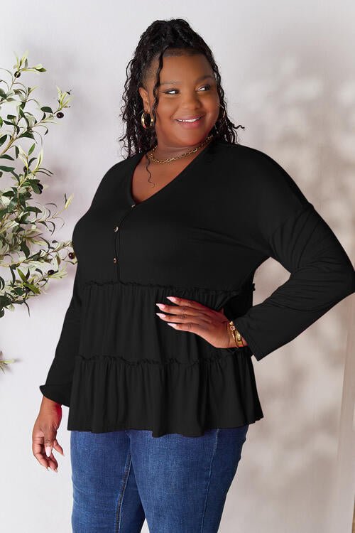 Double Take Half Button Long Sleeve Ruffle Hem Blouse - Happily Ever Atchison Shop Co.