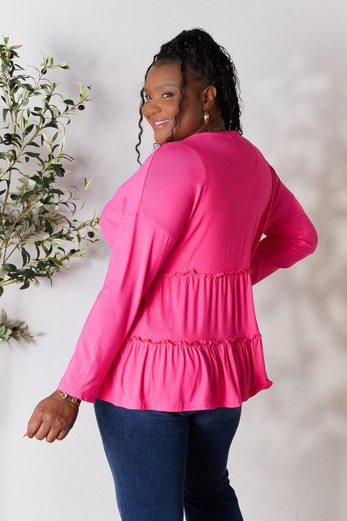 Double Take Half Button Long Sleeve Ruffle Hem Blouse - Happily Ever Atchison Shop Co.