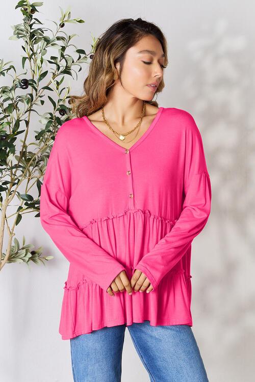 Double Take Half Button Long Sleeve Ruffle Hem Blouse - Happily Ever Atchison Shop Co.