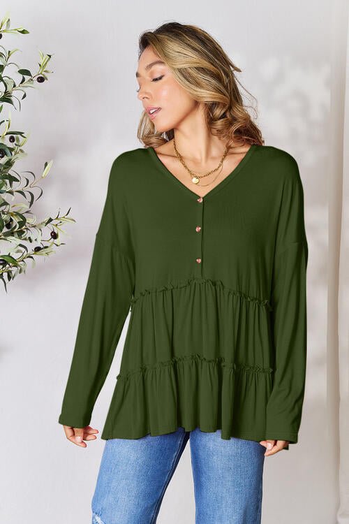 Double Take Half Button Long Sleeve Ruffle Hem Blouse - Happily Ever Atchison Shop Co.