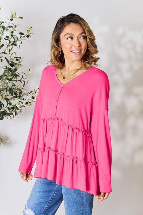 Double Take Half Button Long Sleeve Ruffle Hem Blouse - Happily Ever Atchison Shop Co.