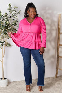 Double Take Half Button Long Sleeve Ruffle Hem Blouse - Happily Ever Atchison Shop Co.