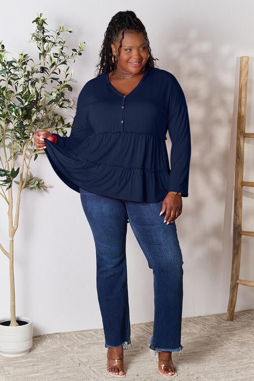 Double Take Half Button Long Sleeve Ruffle Hem Blouse - Happily Ever Atchison Shop Co.