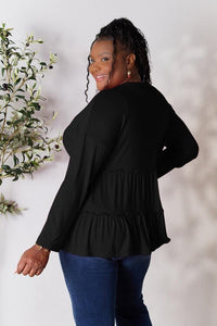 Double Take Half Button Long Sleeve Ruffle Hem Blouse - Happily Ever Atchison Shop Co.