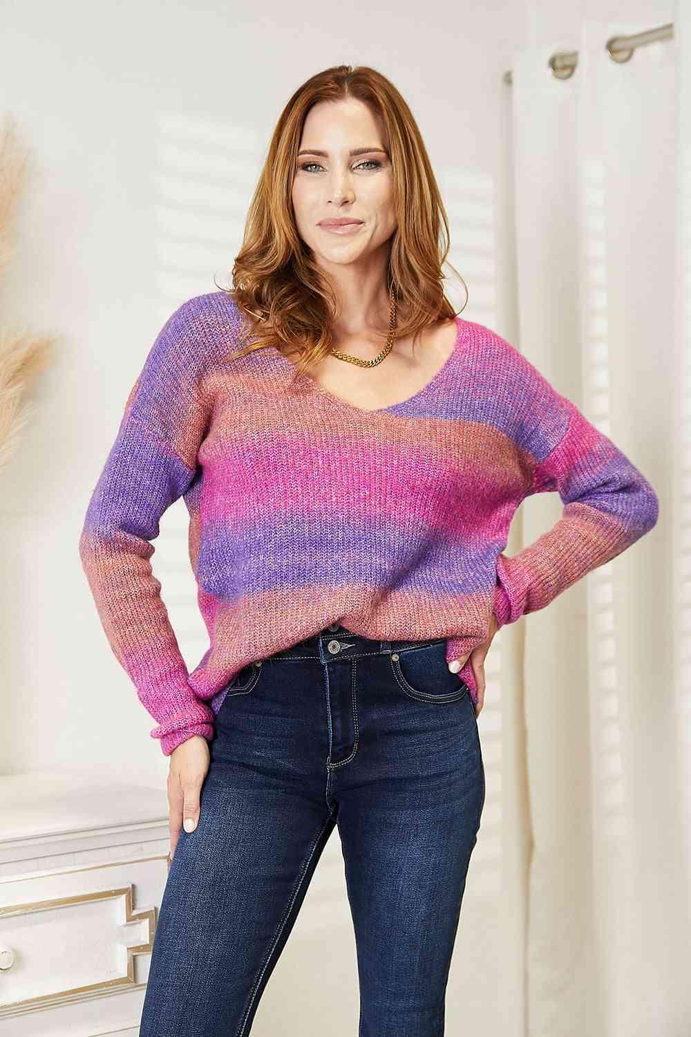 Double Take Multicolored Rib-Knit V-Neck Knit Pullover - Happily Ever Atchison Shop Co.