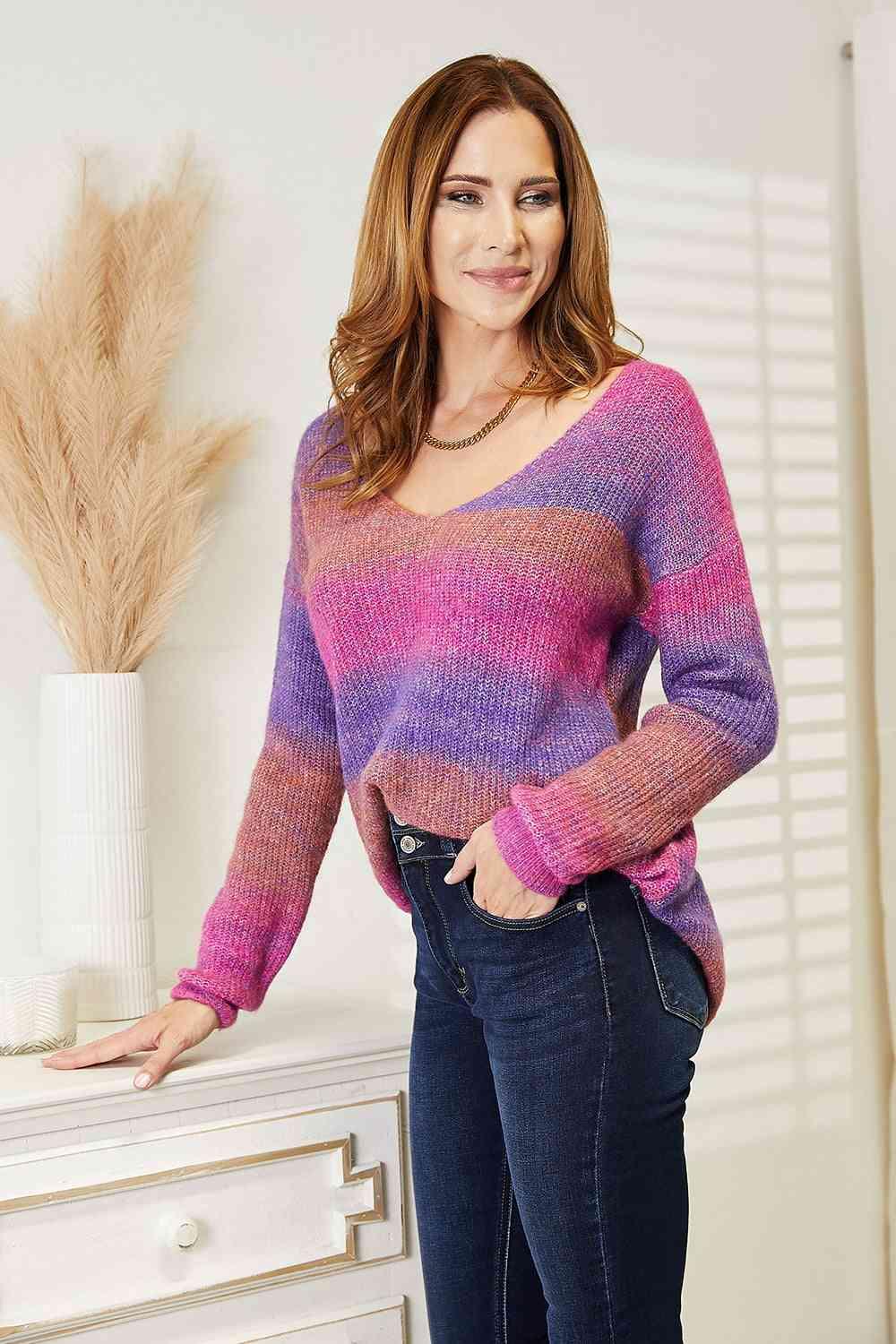 Double Take Multicolored Rib-Knit V-Neck Knit Pullover - Happily Ever Atchison Shop Co.