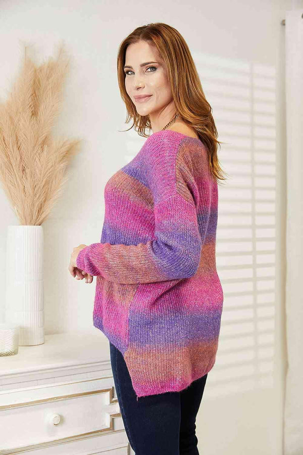Double Take Multicolored Rib-Knit V-Neck Knit Pullover - Happily Ever Atchison Shop Co.