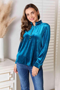 Double Take Notched Neck Buttoned Long Sleeve Blouse - Happily Ever Atchison Shop Co.