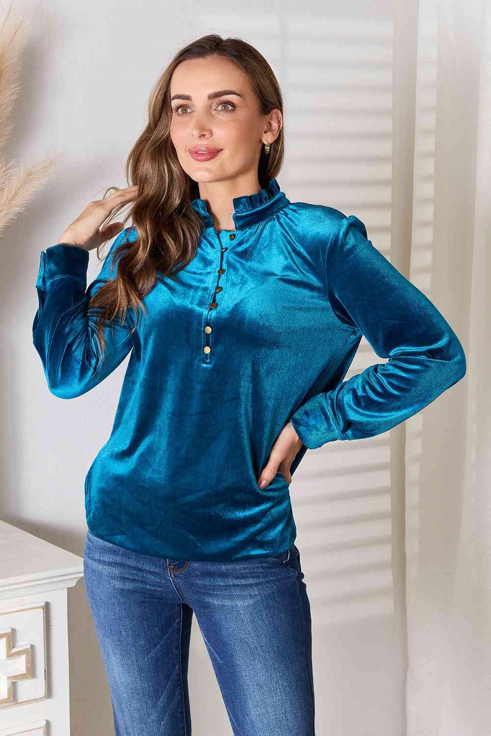 Double Take Notched Neck Buttoned Long Sleeve Blouse - Happily Ever Atchison Shop Co.