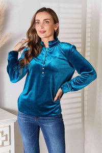 Double Take Notched Neck Buttoned Long Sleeve Blouse - Happily Ever Atchison Shop Co.