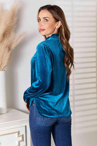 Double Take Notched Neck Buttoned Long Sleeve Blouse - Happily Ever Atchison Shop Co.