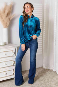 Double Take Notched Neck Buttoned Long Sleeve Blouse - Happily Ever Atchison Shop Co.