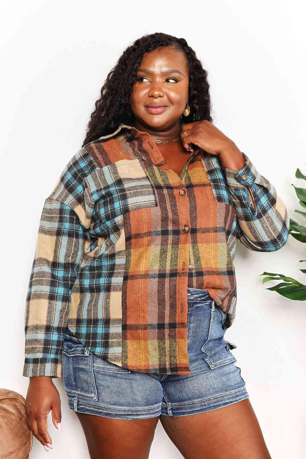 Double Take Plaid Curved Hem Shirt Jacket with Breast Pockets - Happily Ever Atchison Shop Co.