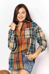 Double Take Plaid Curved Hem Shirt Jacket with Breast Pockets - Happily Ever Atchison Shop Co.