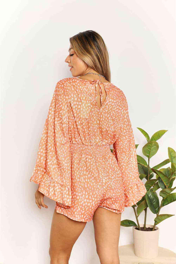 Double Take Printed Flare Sleeve Surplice Romper - Happily Ever Atchison Shop Co.