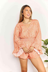 Double Take Printed Flare Sleeve Surplice Romper - Happily Ever Atchison Shop Co.