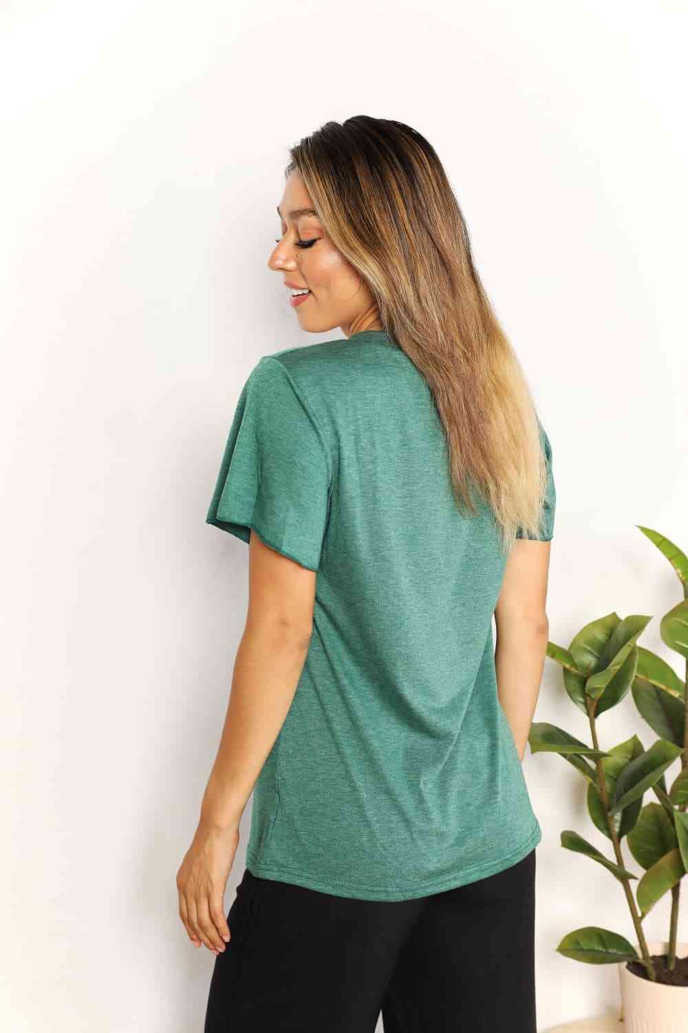 Double Take Ruched V-Neck Short Sleeve T-Shirt - Happily Ever Atchison Shop Co.