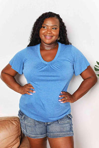 Double Take Ruched V-Neck Short Sleeve T-Shirt - Happily Ever Atchison Shop Co.
