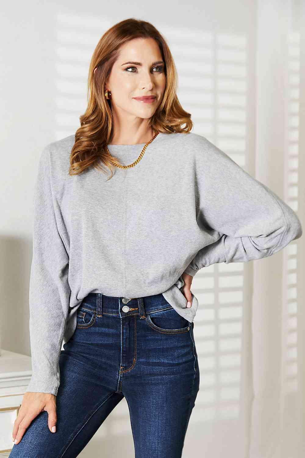 Double Take Seam Detail Round Neck Long Sleeve Top - Happily Ever Atchison Shop Co.