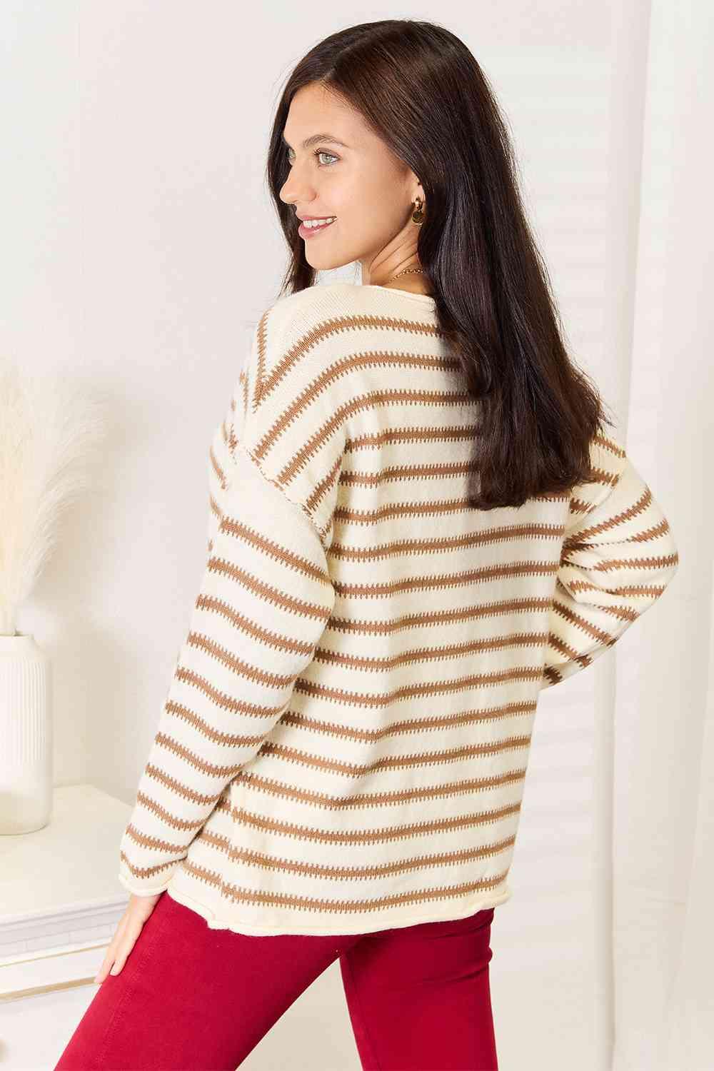 Double Take Striped Boat Neck Sweater - Happily Ever Atchison Shop Co.