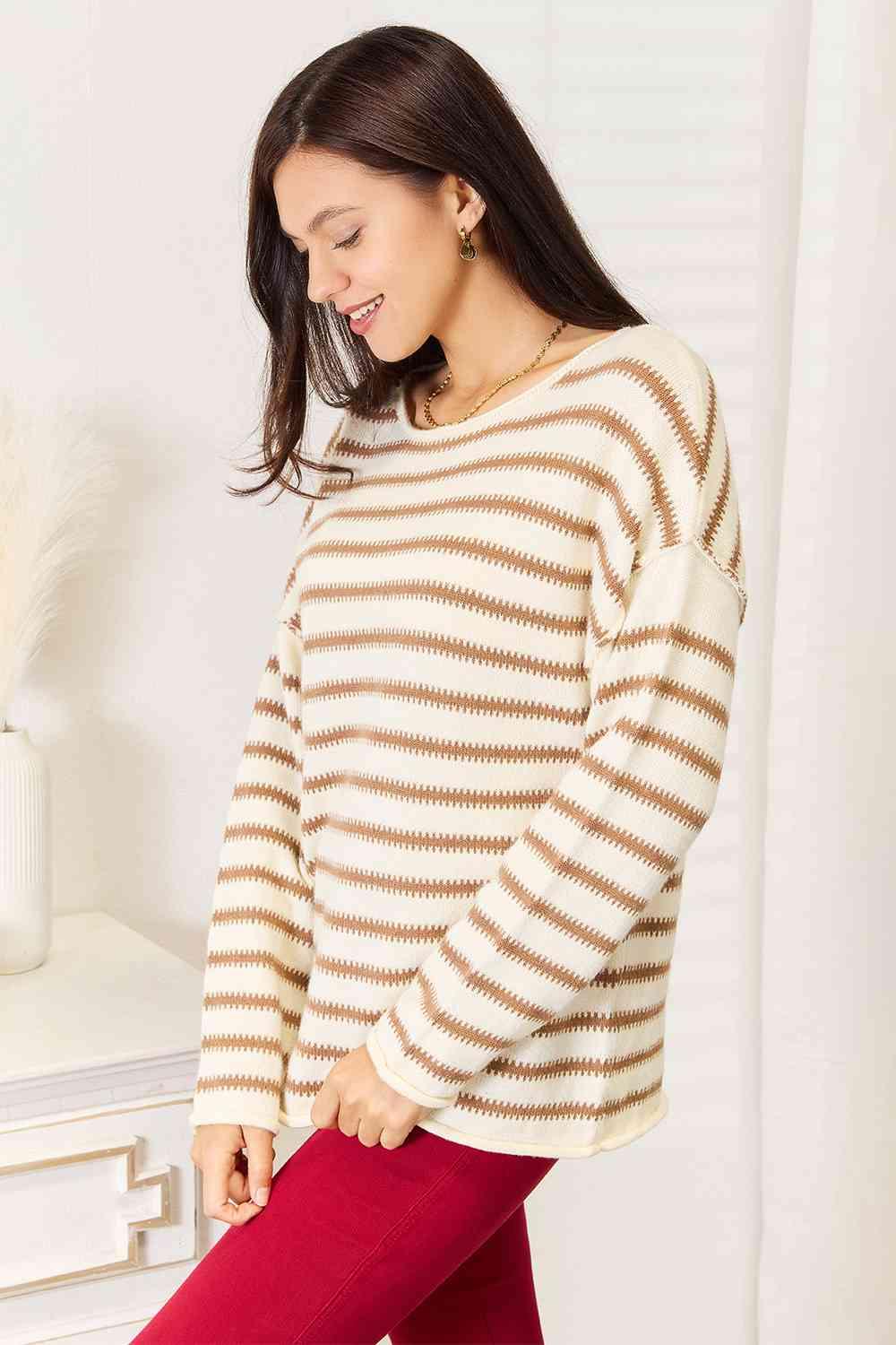 Double Take Striped Boat Neck Sweater - Happily Ever Atchison Shop Co.