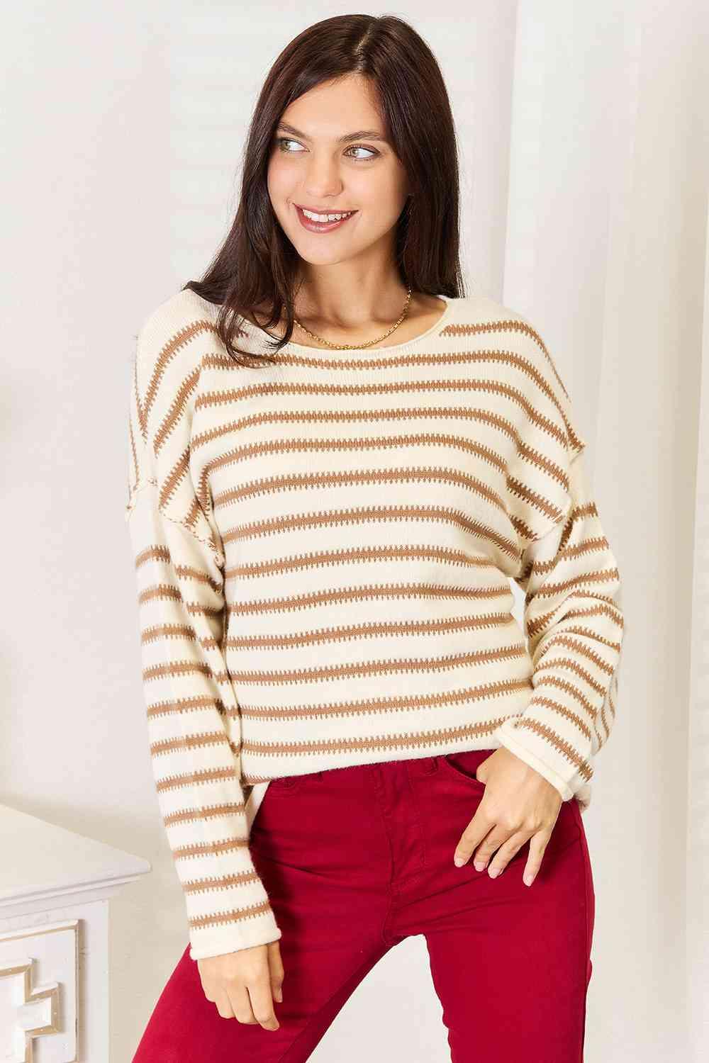 Double Take Striped Boat Neck Sweater - Happily Ever Atchison Shop Co.