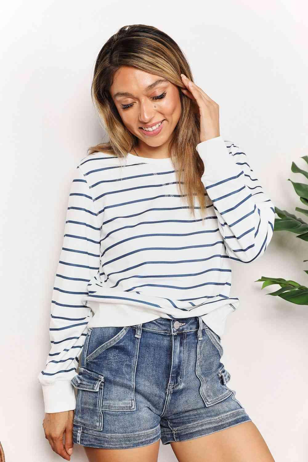 Double Take Striped Long Sleeve Round Neck Top - Happily Ever Atchison Shop Co.