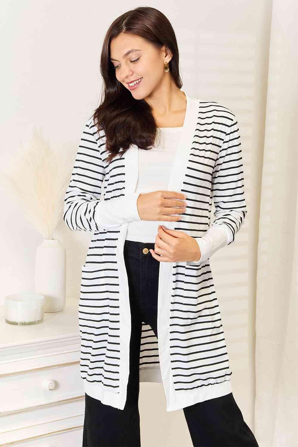 Double Take Striped Open Front Longline Cardigan - Happily Ever Atchison Shop Co.