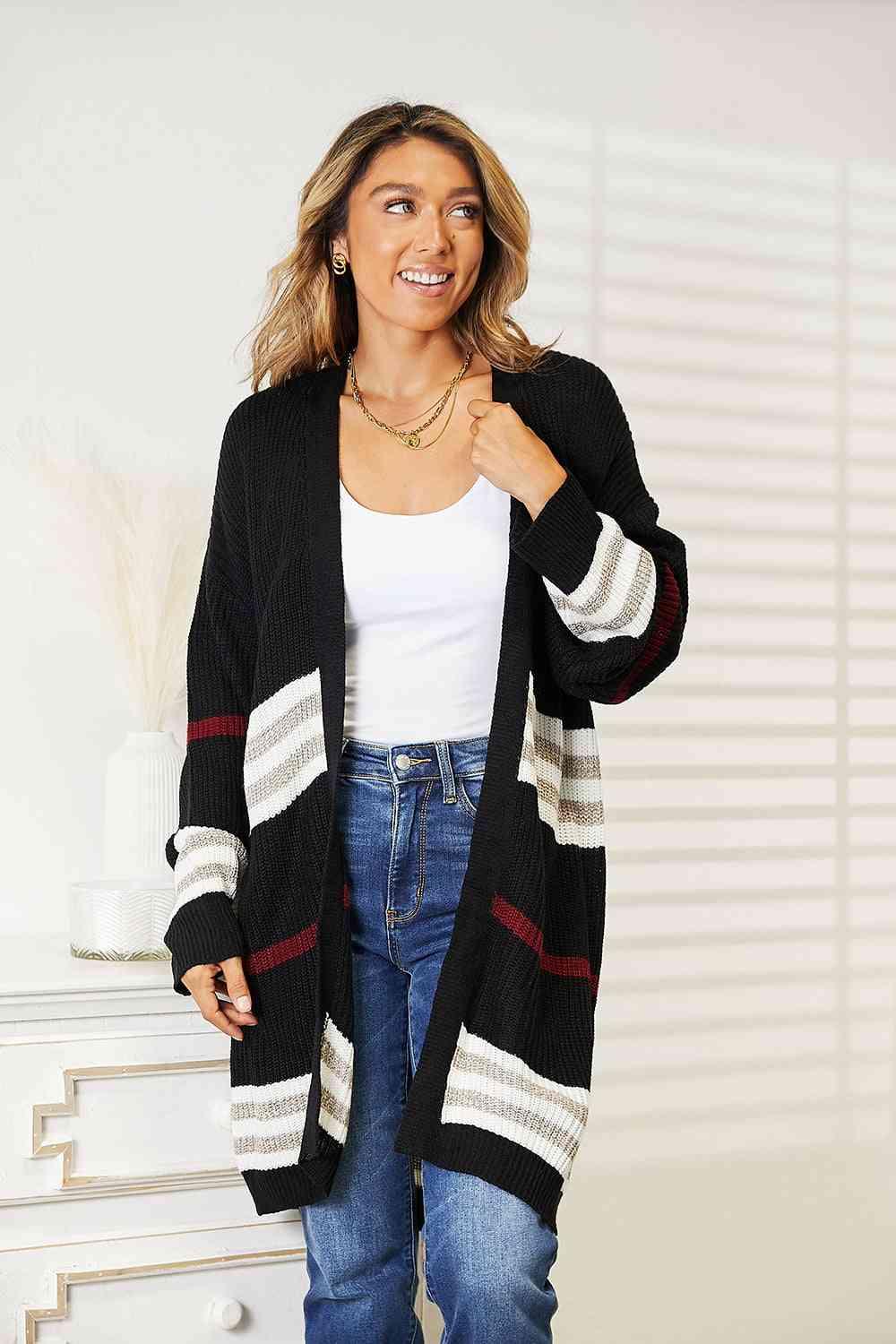 Double Take Striped Rib-Knit Drop Shoulder Open Front Cardigan - Happily Ever Atchison Shop Co.