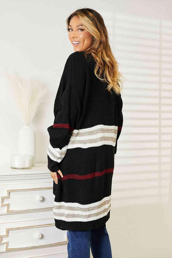Double Take Striped Rib-Knit Drop Shoulder Open Front Cardigan - Happily Ever Atchison Shop Co.