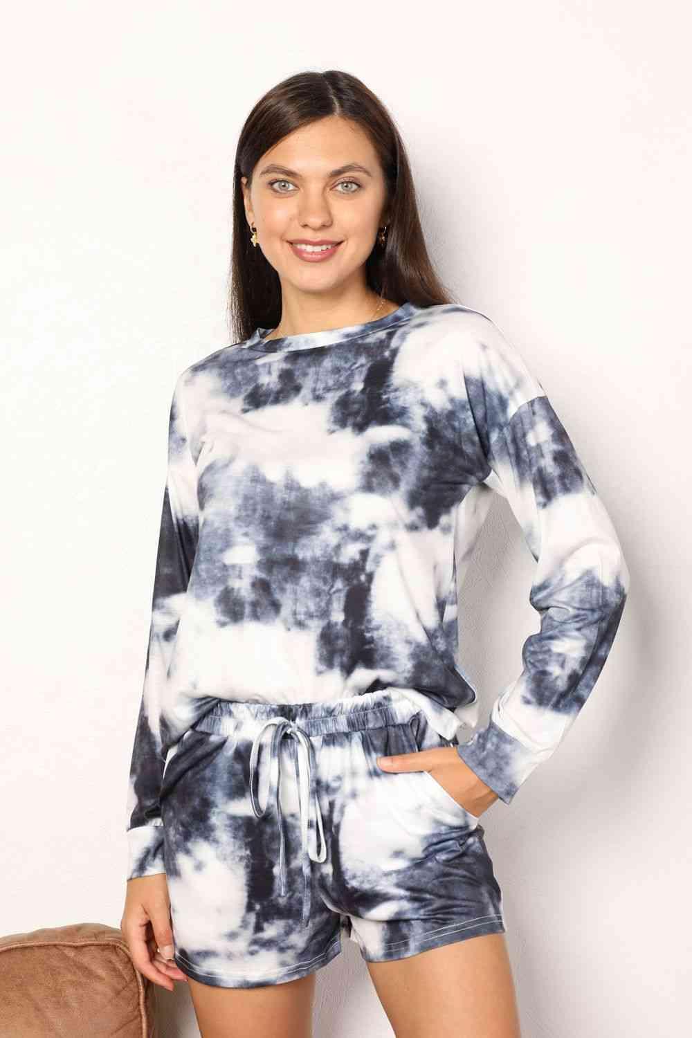 Double Take Tie-Dye Round Neck Top and Shorts Lounge Set - Happily Ever Atchison Shop Co.