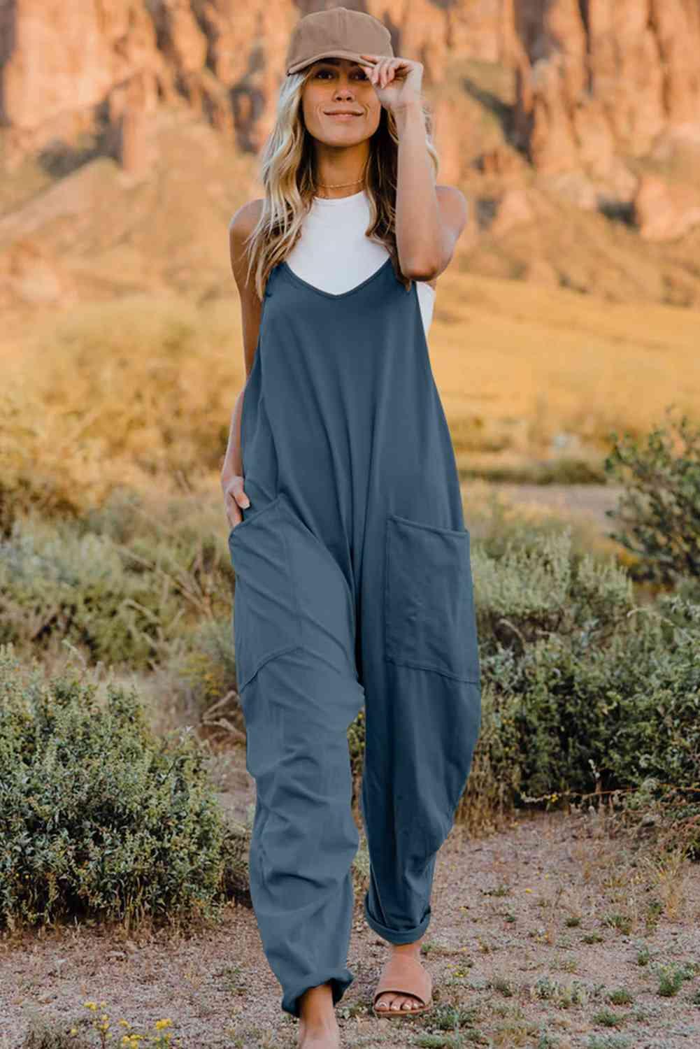 Double Take V-Neck Sleeveless Jumpsuit with Pocket - Happily Ever Atchison Shop Co.