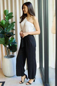 Dress Day Marvelous in Manhattan One-Shoulder Jumpsuit in White/Black - Happily Ever Atchison Shop Co.