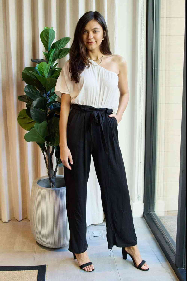 Dress Day Marvelous in Manhattan One-Shoulder Jumpsuit in White/Black - Happily Ever Atchison Shop Co.