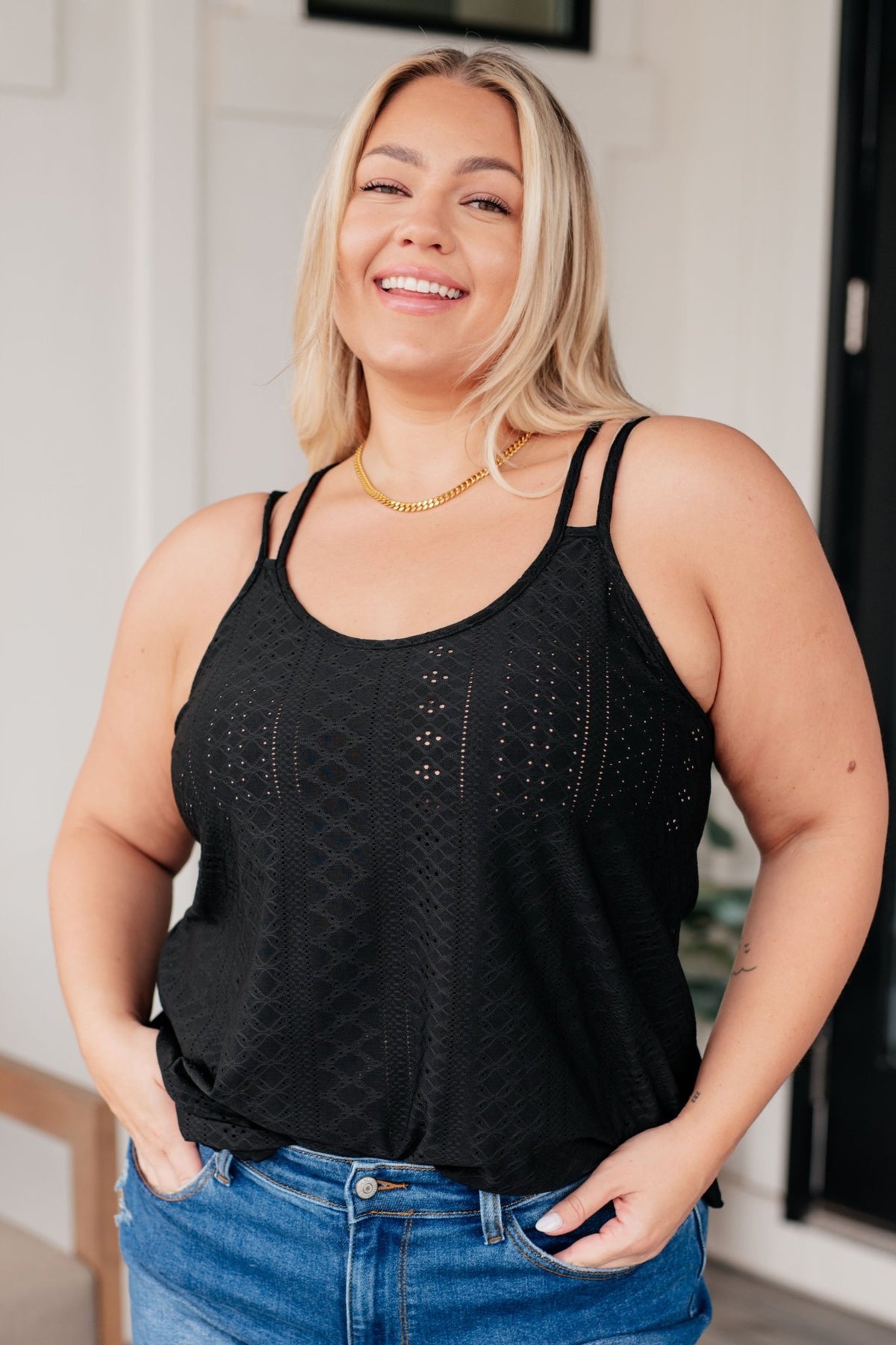 Eye on the Prize Eyelet Tank in Black - Happily Ever Atchison Shop Co.