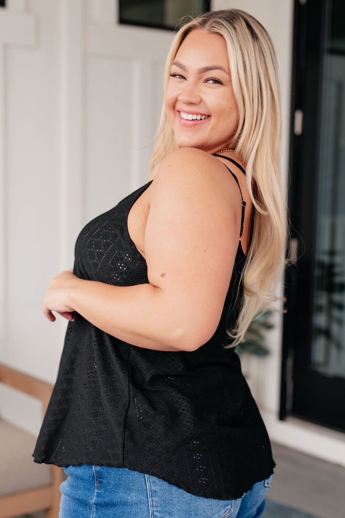 Eye on the Prize Eyelet Tank in Black - Happily Ever Atchison Shop Co.