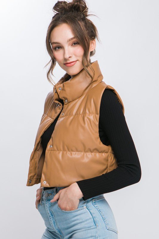 Faux Leather Puffer Vest With Snap Button - Happily Ever Atchison Shop Co.