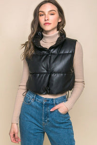 Faux Leather Puffer Vest With Snap Button - Happily Ever Atchison Shop Co.