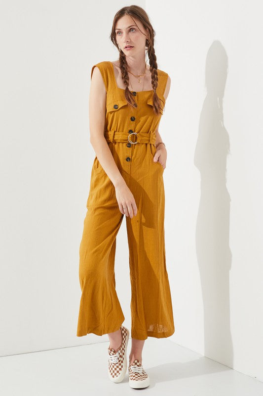 SLEEVELESS SQUARE NECK BUTTON DOWN ANKLE JUMPSUIT - Happily Ever Atchison Shop Co.  