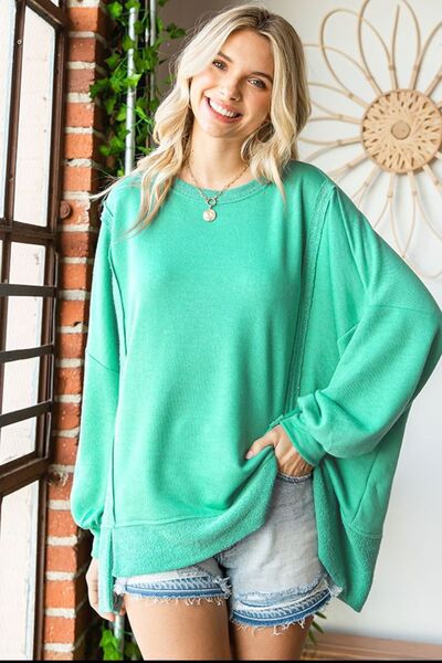 First Love Exposed Seam Round Neck Dropped Shoulder Blouse - Happily Ever Atchison Shop Co.