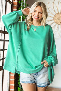 First Love Exposed Seam Round Neck Dropped Shoulder Blouse - Happily Ever Atchison Shop Co.