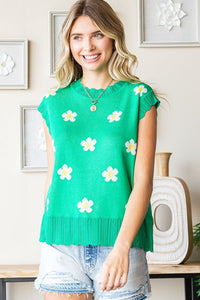 First Love Full Size Flower Pattern Round Neck Sweater Vest - Happily Ever Atchison Shop Co.