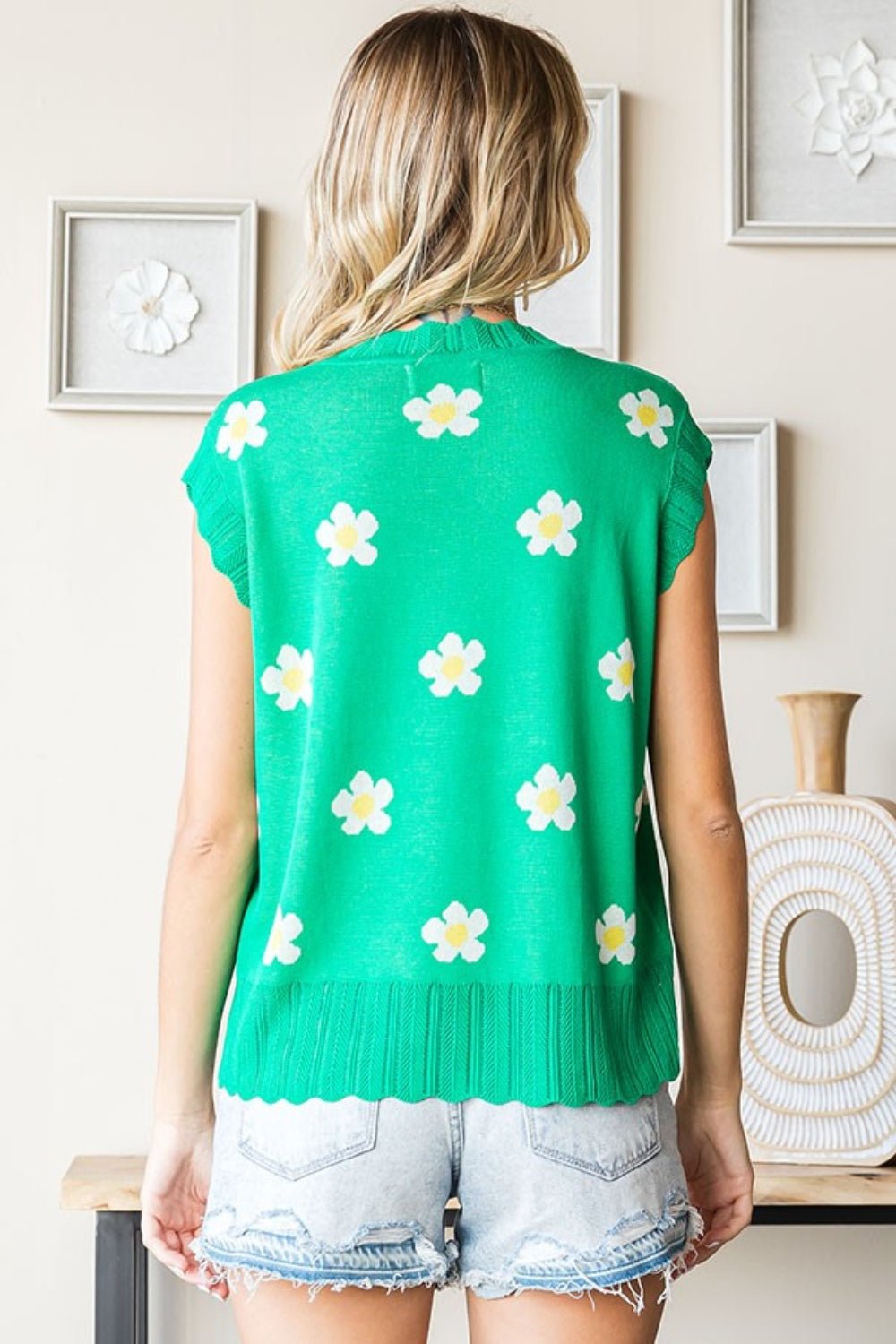 First Love Full Size Flower Pattern Round Neck Sweater Vest - Happily Ever Atchison Shop Co.