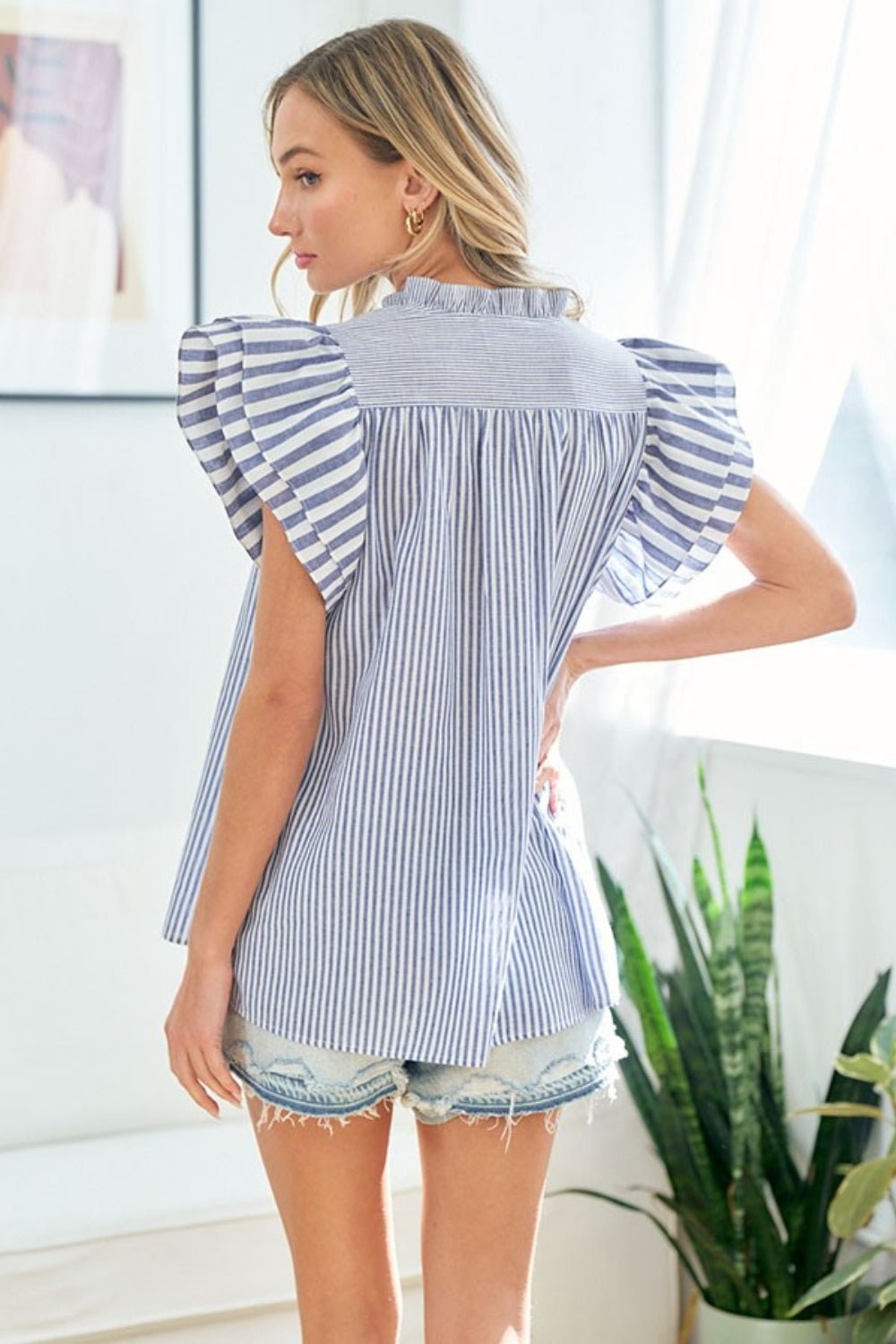 First Love Full Size Striped Flutter Sleeve Blouse - Happily Ever Atchison Shop Co.