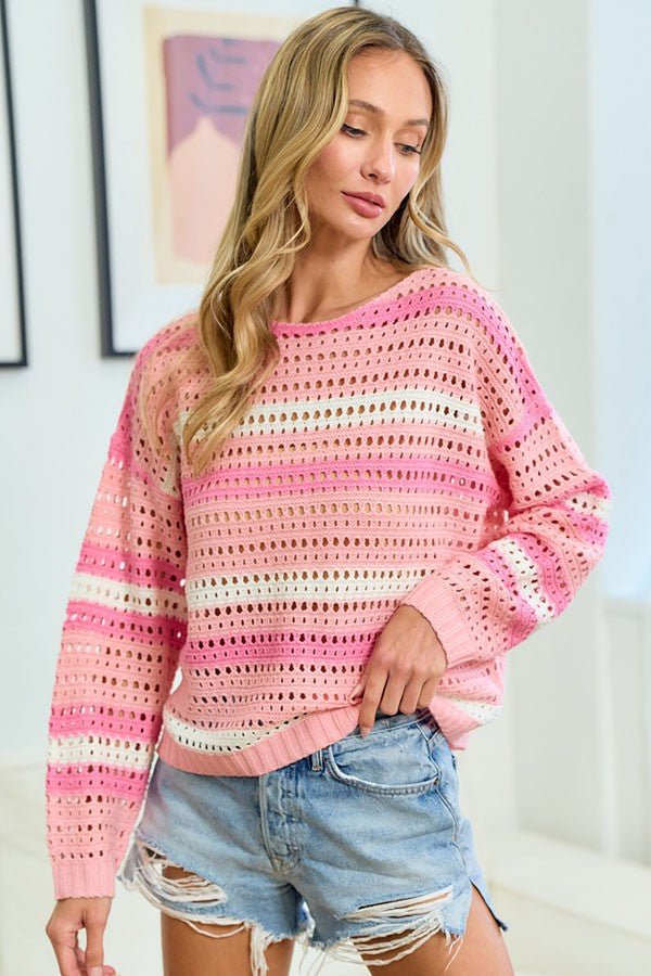First Love Striped Long Sleeve Openwork Knit Top - Happily Ever Atchison Shop Co.