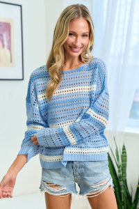 First Love Striped Long Sleeve Openwork Knit Top - Happily Ever Atchison Shop Co.